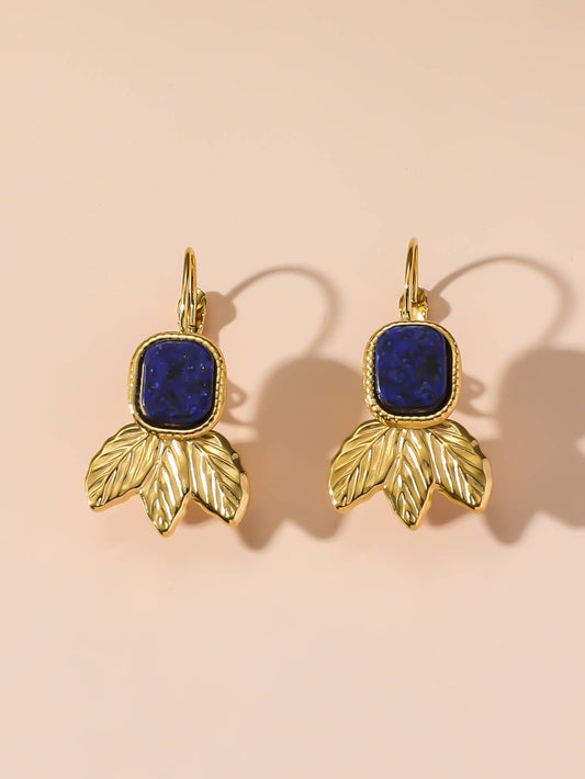 Gold Plated Leaf Drop Earrings with Green Natural Stones