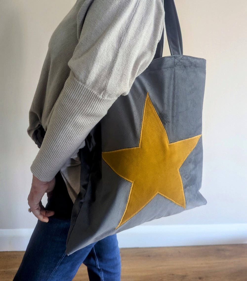 Luxury Tote Bag in Navy Blue Velvet With Lemon Yellow Velvet Star