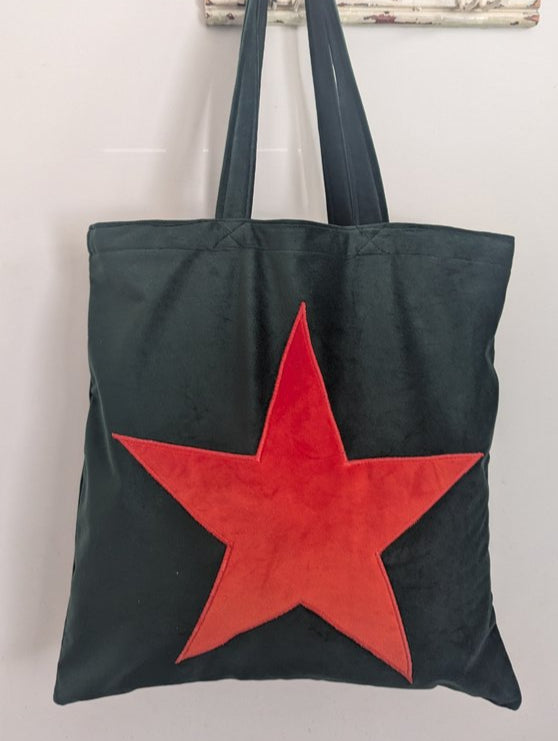 Luxury Tote Bag in Dark Green Velvet With Orange Velvet Star