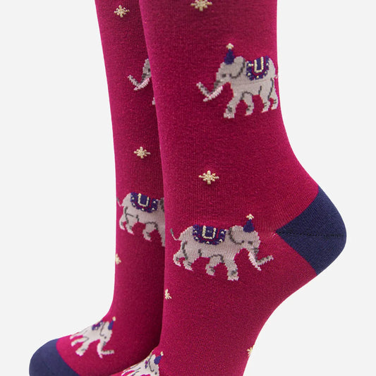 Women's Bamboo Socks Elephant Print Party Ankle Socks Fuchsia Pink