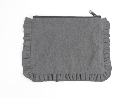 Canvas Ruffle Pouch / Clutch / Makeup Bag - Charcoal