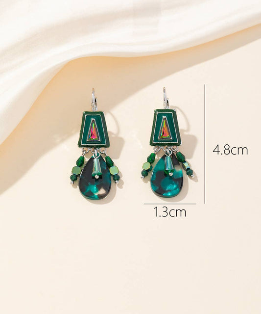 Green Enamel & Bead Drop Earrings