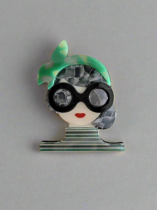 Fabulous Lady With Stripey Top Acrylic Brooch
