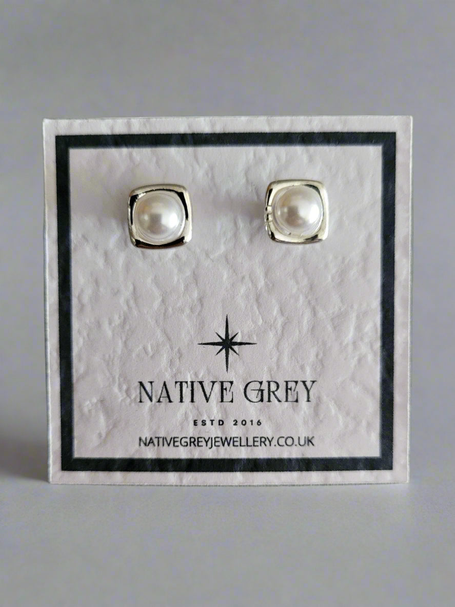 Square Silver & Pearl Stud Earrings