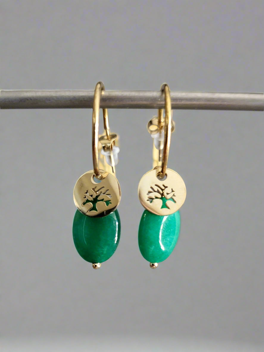 Gold Hoops With Green Stones
