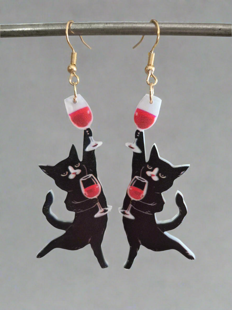 Acrylic Dancing Cat With Wine, Drop Earrings