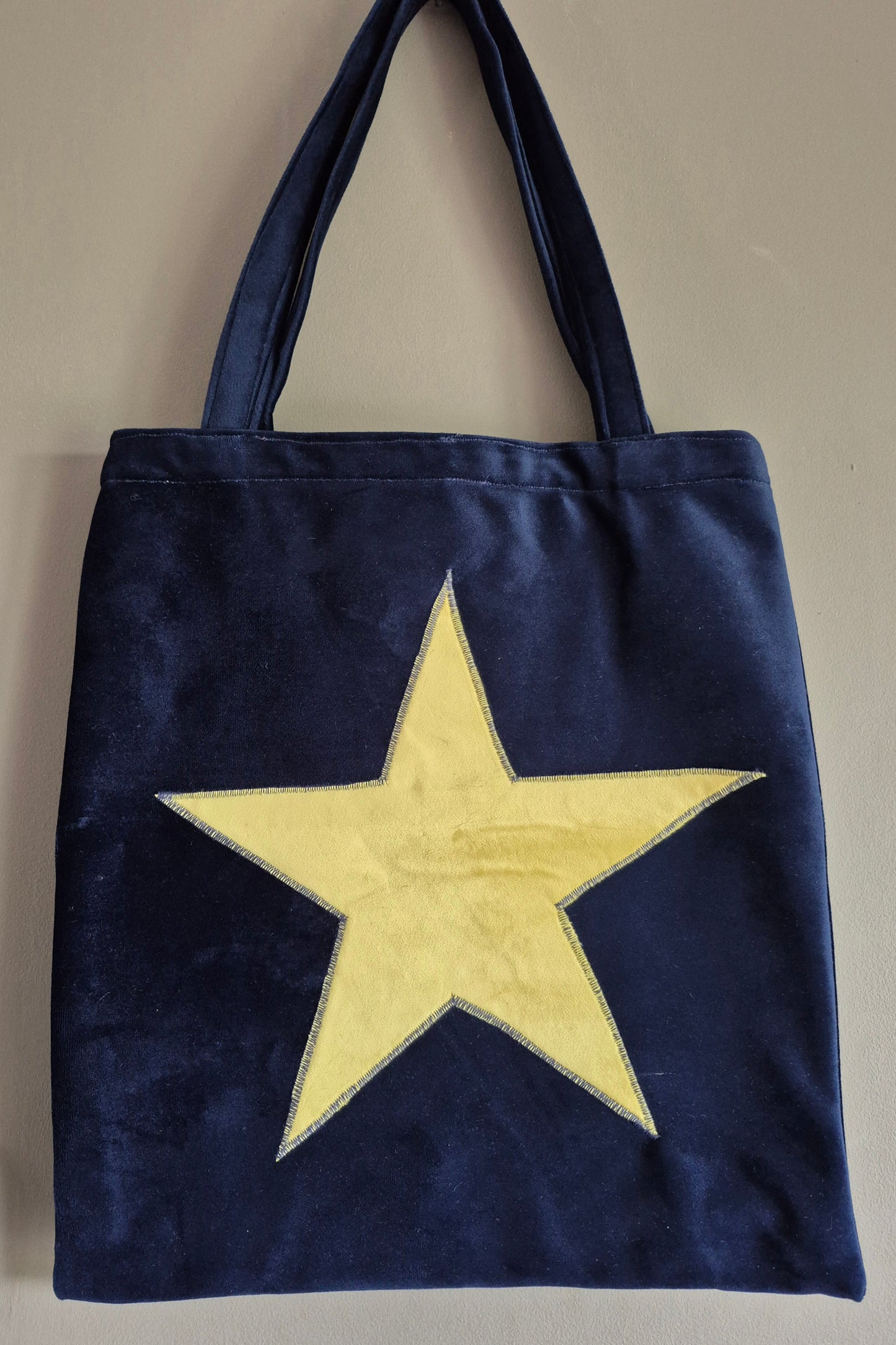 Luxury Tote Bag in Navy Blue Velvet With Lemon Yellow Velvet Star