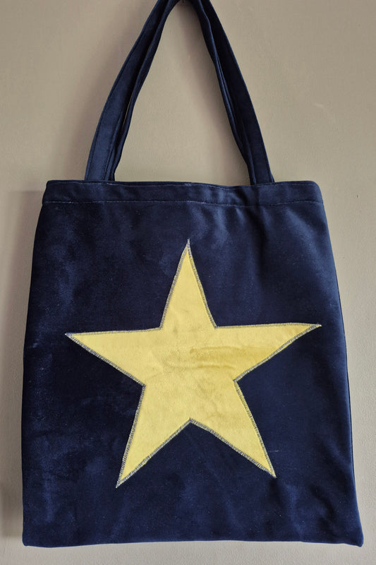 Luxury Tote Bag in Navy Blue Velvet With Lemon Yellow Velvet Star
