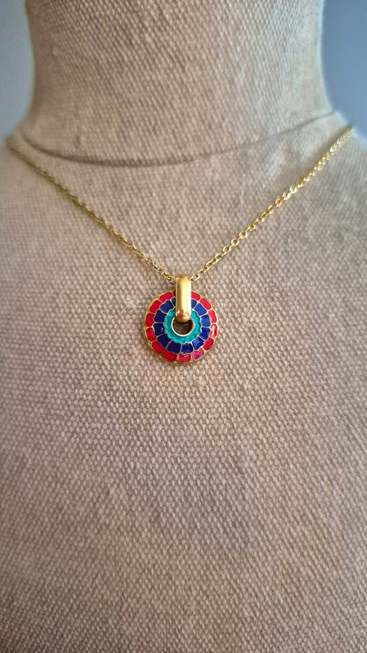 Gold Pendant Necklace with Colourful Disc