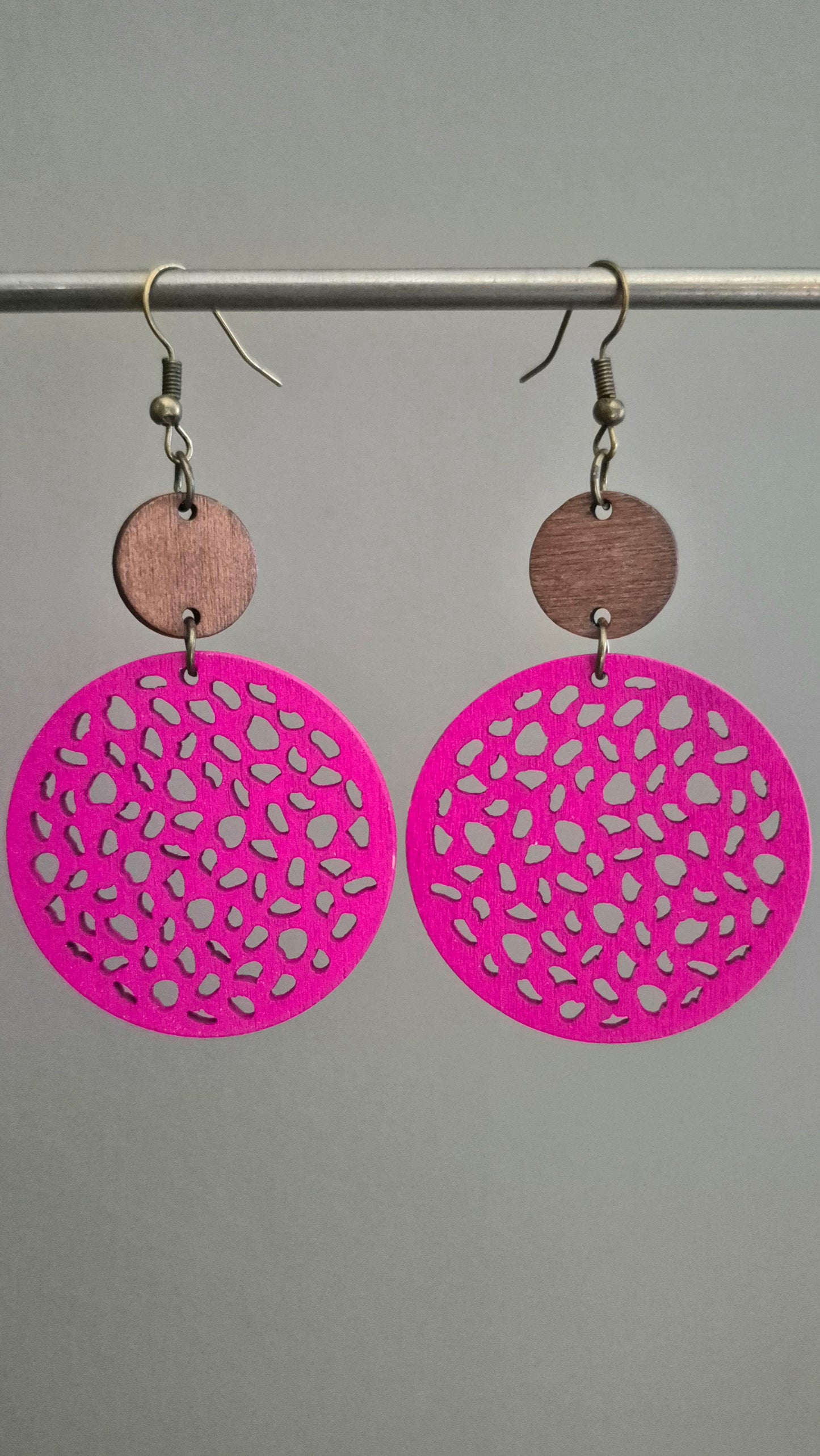 Wooden Disc Drop Earrings in Hot Pink
