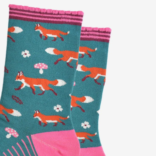 Women's Bamboo Socks - Green/Pink, Fox Woodland