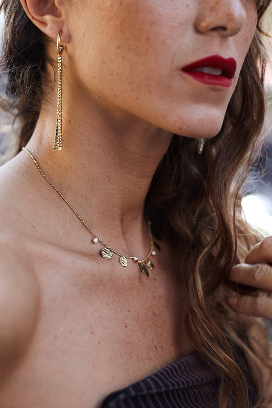 Dainty Gold Necklace with Gold Drops and Crystals