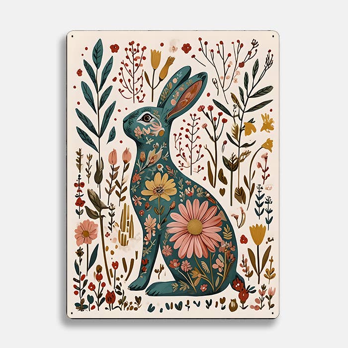 Hare Rabbit Floral Scandinavian Folk Metal Sign Plaque: SMALL 6x8inch