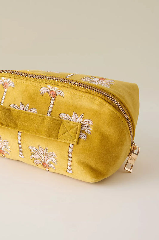 Sunrise Palms Embroidered Velvet Open Flat Makeup Bag