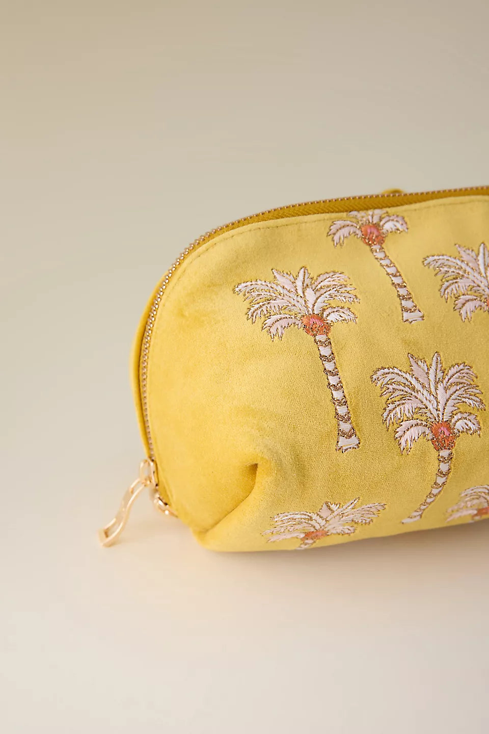 Sunrise Palms Embroidered Velvet Open Flat Makeup Bag
