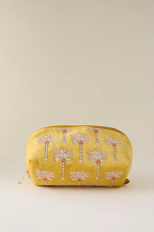 Sunrise Palms Embroidered Velvet Open Flat Makeup Bag