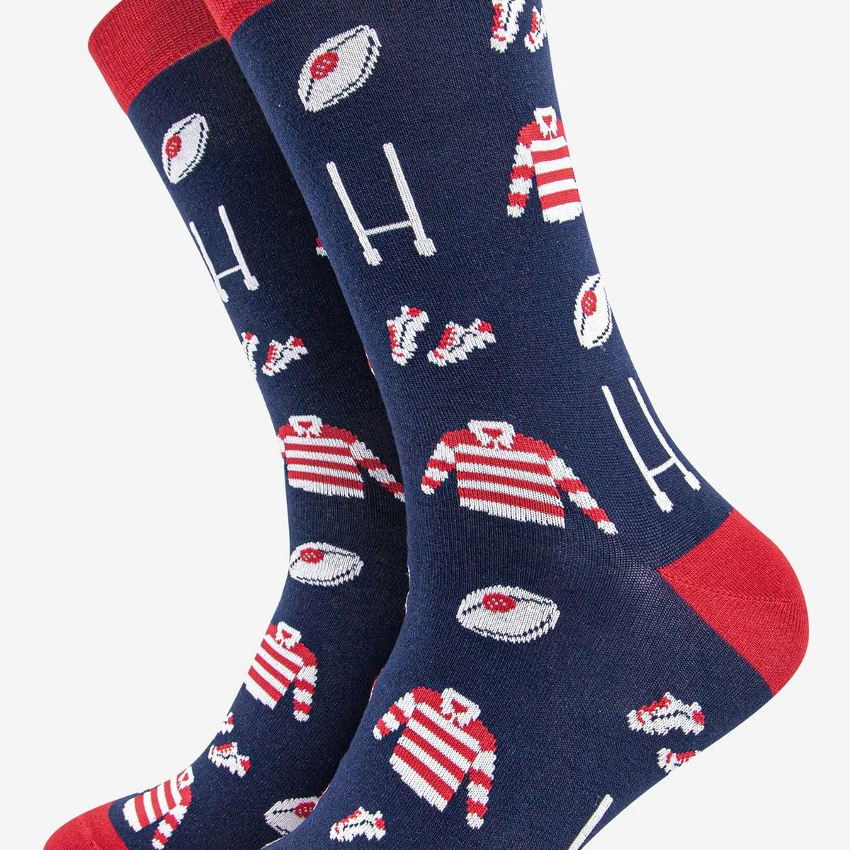 Men's Rugby Kit and Goal Print Bamboo Socks in Navy and Red