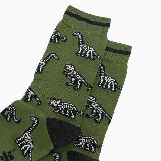 Men's Bamboo Socks - Green, Dinosaur Skeletons