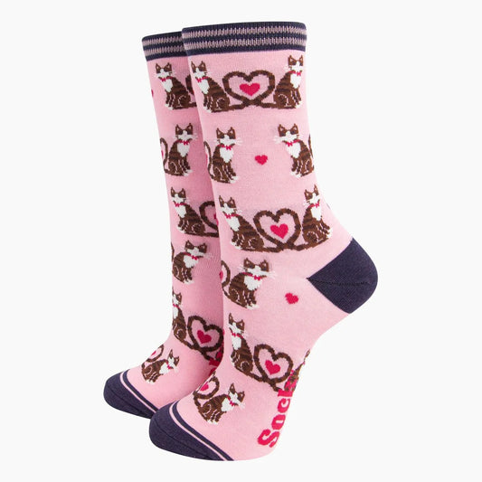 Women's Bamboo Socks - Pink, Cats Love Heart Tails