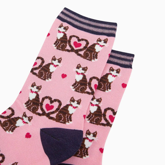 Women's Bamboo Socks - Pink, Cats Love Heart Tails