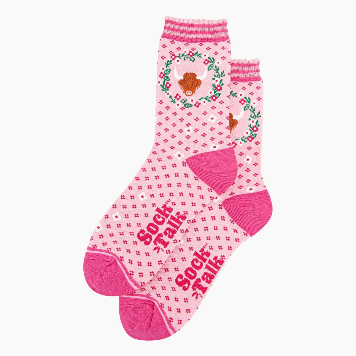 Women's Bamboo Socks - Pink, Highland Cow Wreath