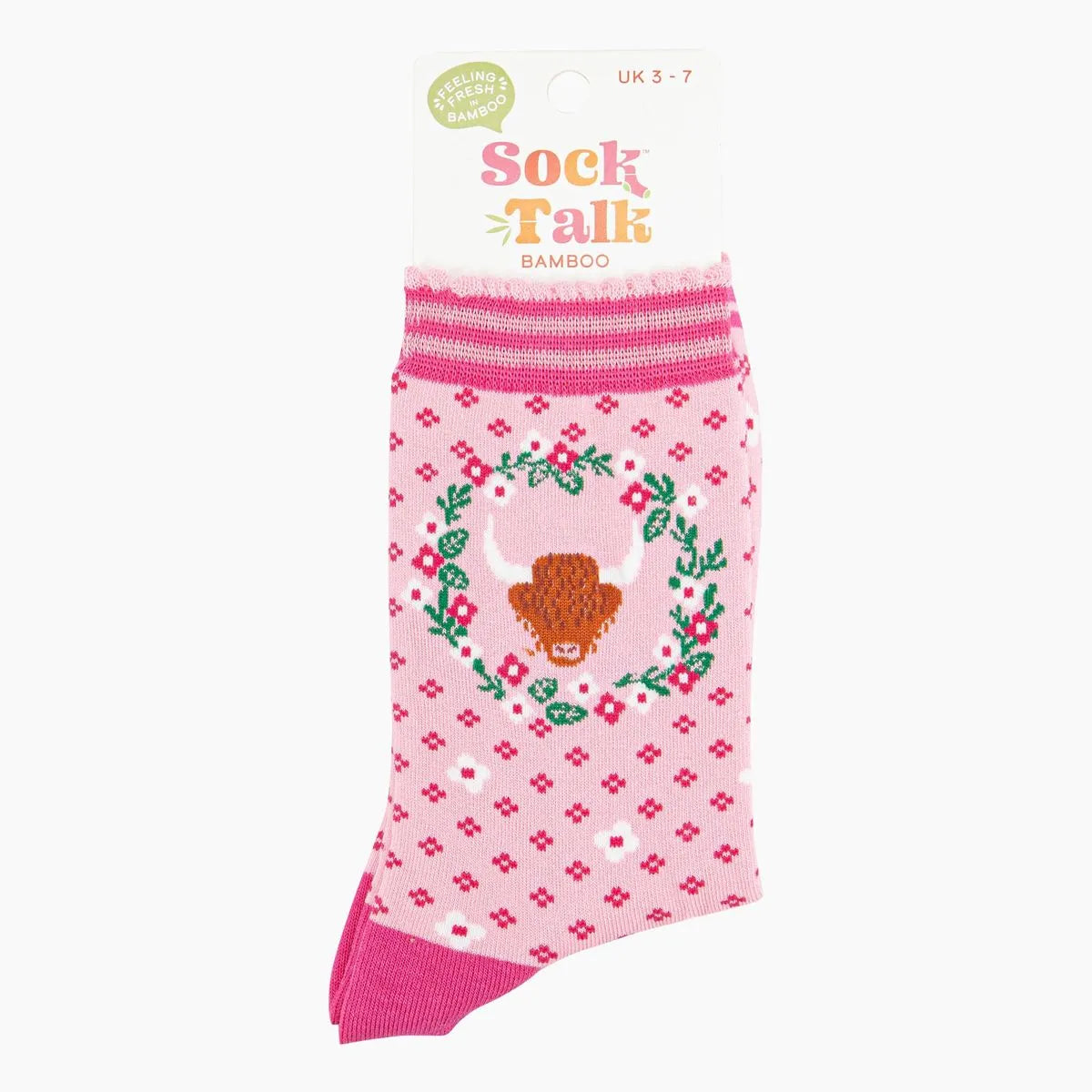 Women's Bamboo Socks - Pink, Highland Cow Wreath
