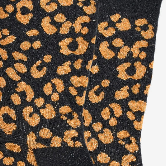 Women's Glitter Socks -Black/Orange, Leopard