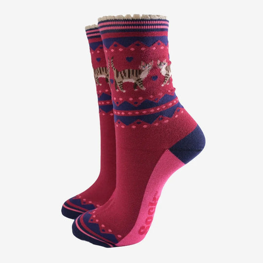 Women's Bamboo Socks - Berry/Navy Blue, Cat Duo