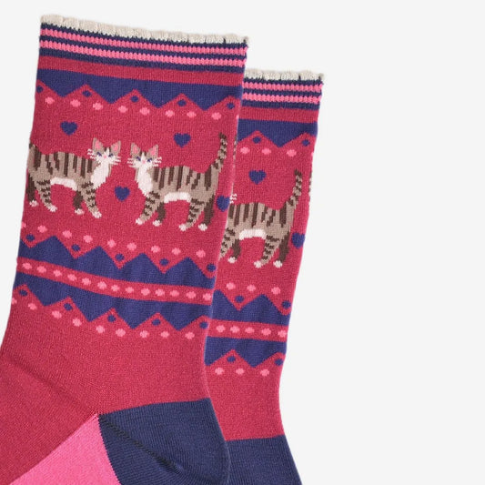 Women's Bamboo Socks - Berry/Navy Blue, Cat Duo