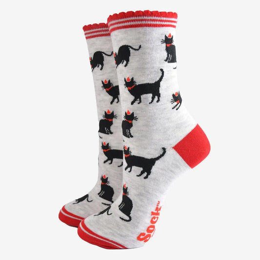 Women's Bamboo Socks - Grey/Red, Christmas Cats