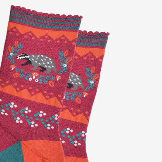 Women's Bamboo Socks - Berry/Orange, Badger Wreath