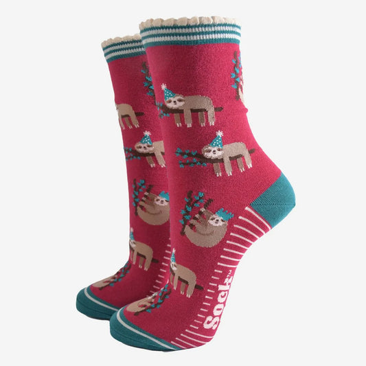 Women's Bamboo Socks - Berry/Green, Christmas Sloth