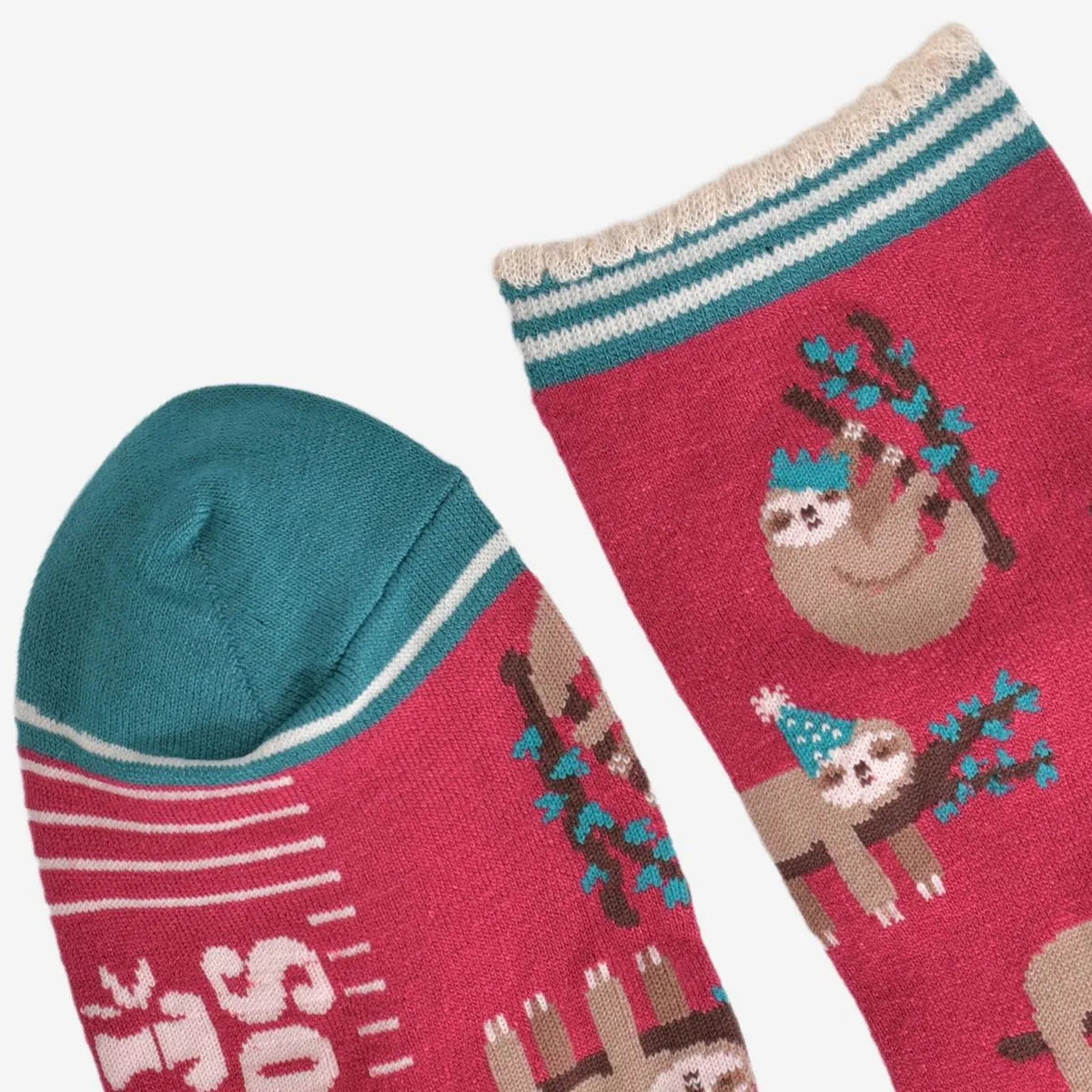 Women's Bamboo Socks - Berry/Green, Christmas Sloth