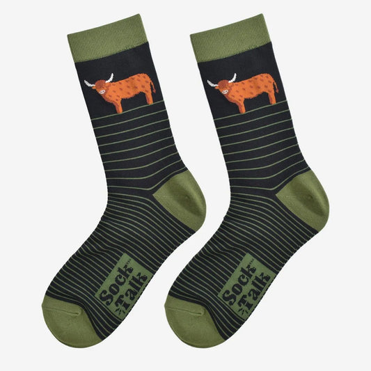 Men's Bamboo Socks - Black/Green, Highland Cow Stripe