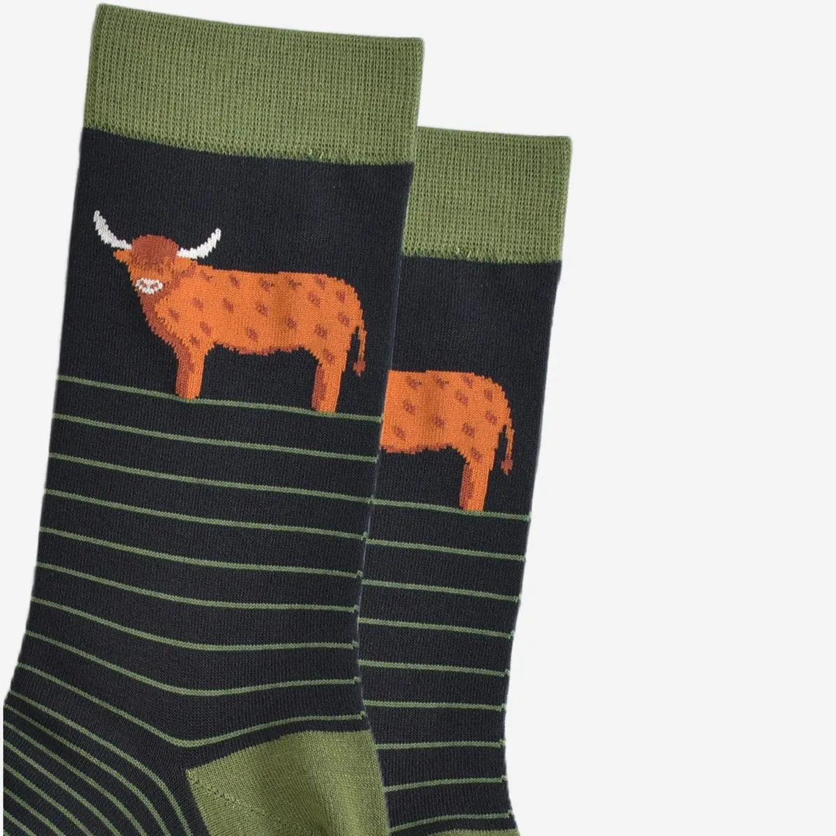 Men's Bamboo Socks - Black/Green, Highland Cow Stripe
