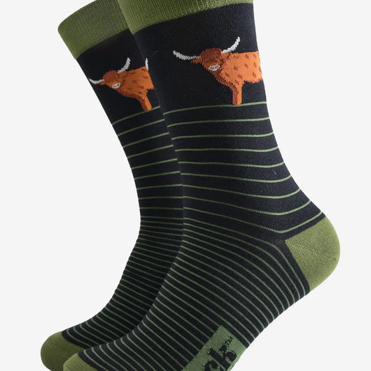 Men's Bamboo Socks - Black/Green, Highland Cow Stripe
