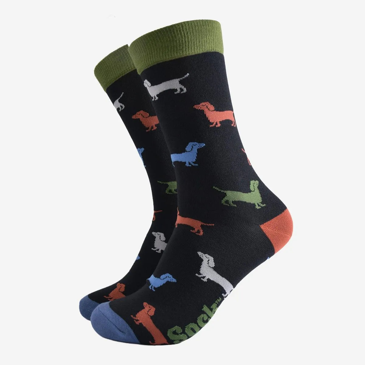 Men's Bamboo Socks - Black/Green, Sausage Dog