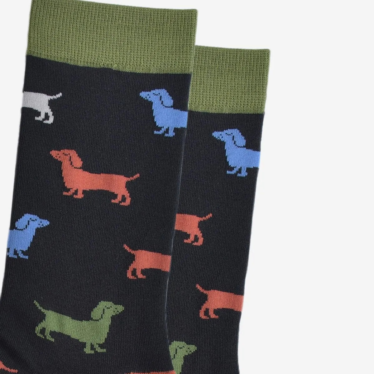 Men's Bamboo Socks - Black/Green, Sausage Dog