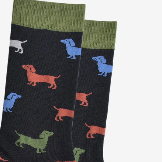 Men's Bamboo Socks - Black/Green, Sausage Dog