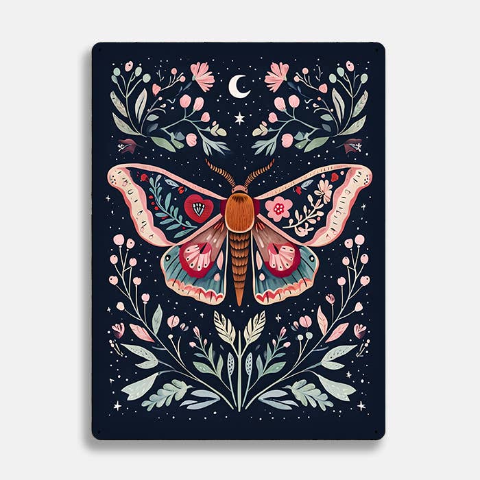 Moth Night Moon Floral Scandinavian Folk Metal Sign Plaque: SMALL 6x8inch