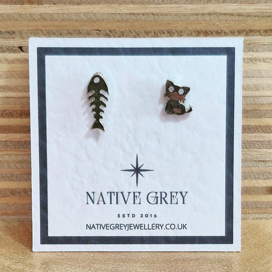Silver Plated Cat & Fish Stud Earrings