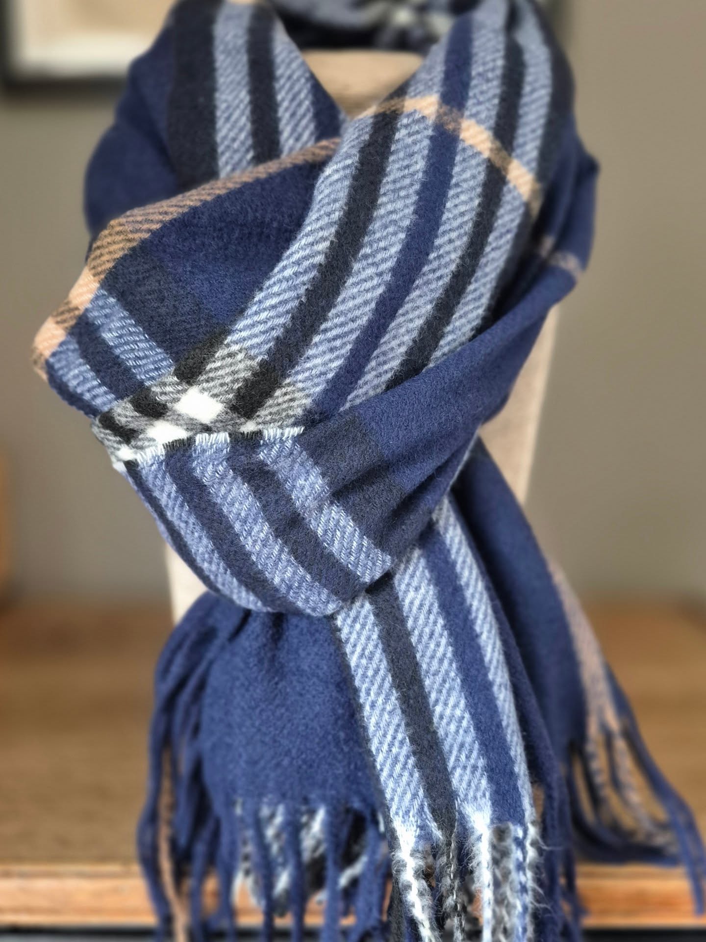 Super Soft Navy Check Winter Scarf
