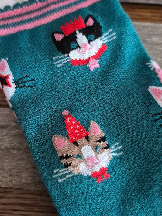 Women's Bamboo Socks - Teal Party Cats