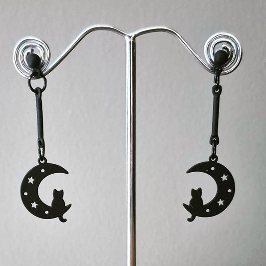 Cats on Moon Silhouette Drop Earrings