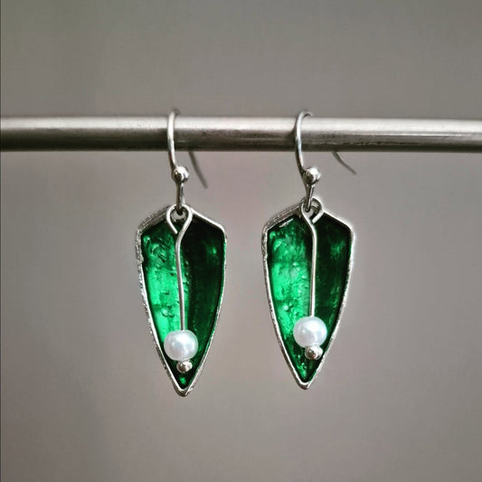 Green Leaf Drop Earrings With Pearls