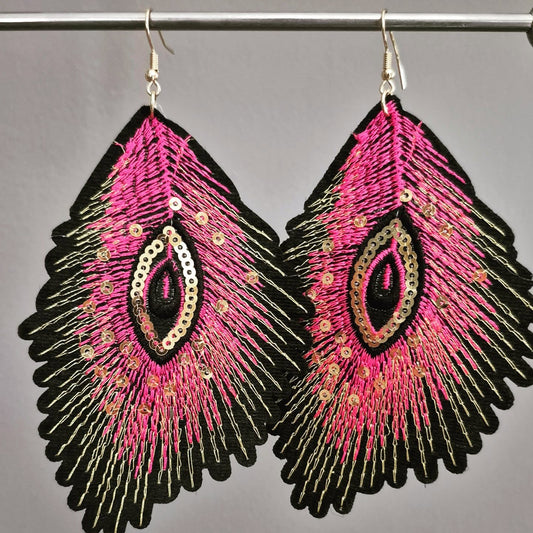 Large Material Peacock Feather Drop Earrings