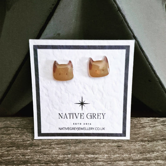 Cat Head Stud Earrings - Brown