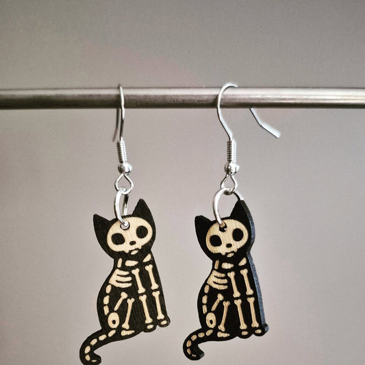 Wooden Skeleton Cat Drop Earrings