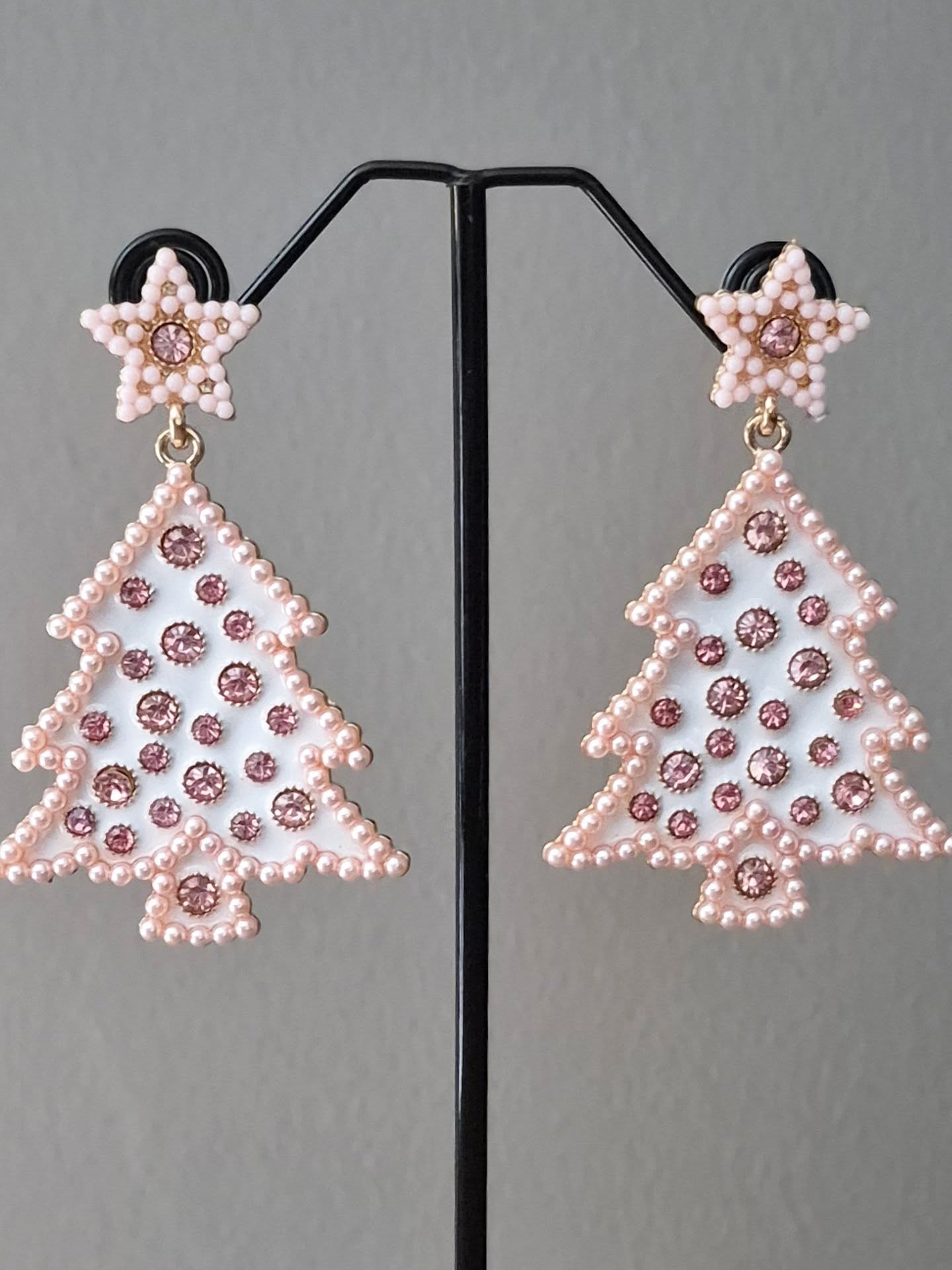 Baby Pink Sparkly Enamel Christmas Tree Drop Earrings