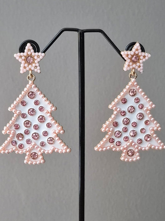 Baby Pink Sparkly Enamel Christmas Tree Drop Earrings